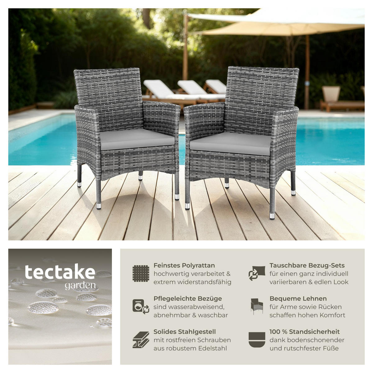RATTANSTUHL 2er Set Nantes,59 x 57 x 85 cm,grau/hellgrau - Grau, Kunststoff (57/85/59cm) - tectake