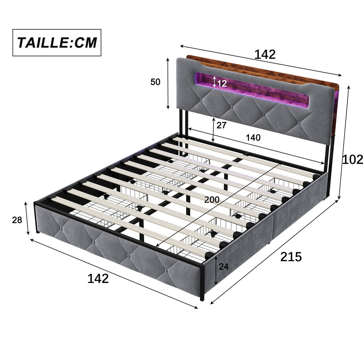 POLSTERBETT 140x200, jugendbett mit 4 Schubladen, LED, USB, Kopfteil, Lattenrost, samt, grau - Grau, Holzwerkstoff/Textil (140/200cm) - GENKI LIVING