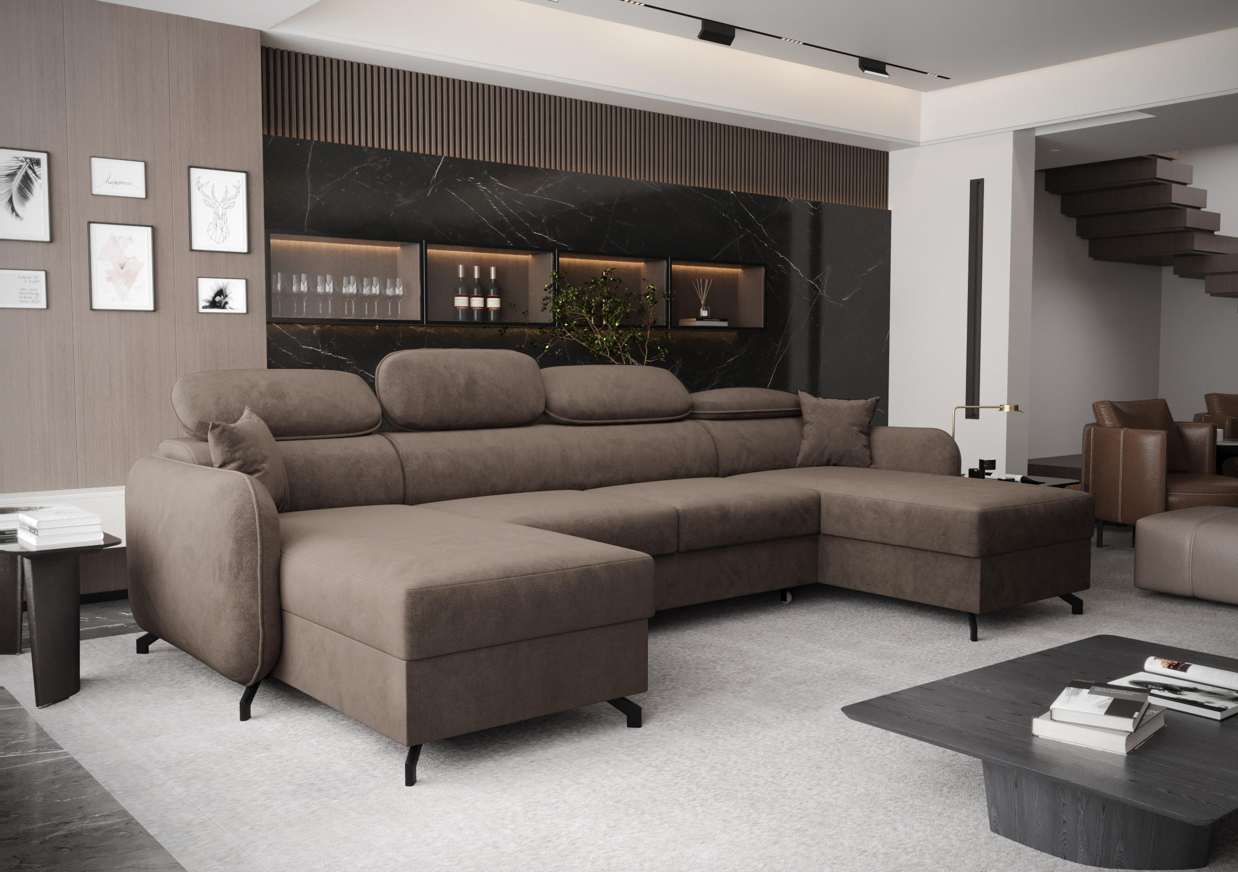 WOHNLANDSCHAFT Ribella 5 Braun 345/180/100 cm mit Schlaffunktion - Schwarz/Bronzefarben, Textil/Metall (345/100/180cm) - AX Living