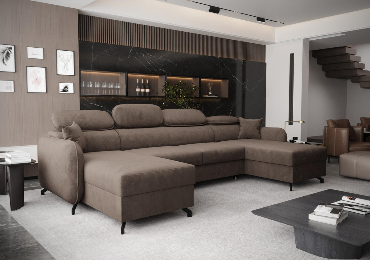 WOHNLANDSCHAFT Ribella 5 Braun 345/180/100 cm mit Schlaffunktion - Schwarz/Bronzefarben, Textil/Metall (345/100/180cm) - AX Living