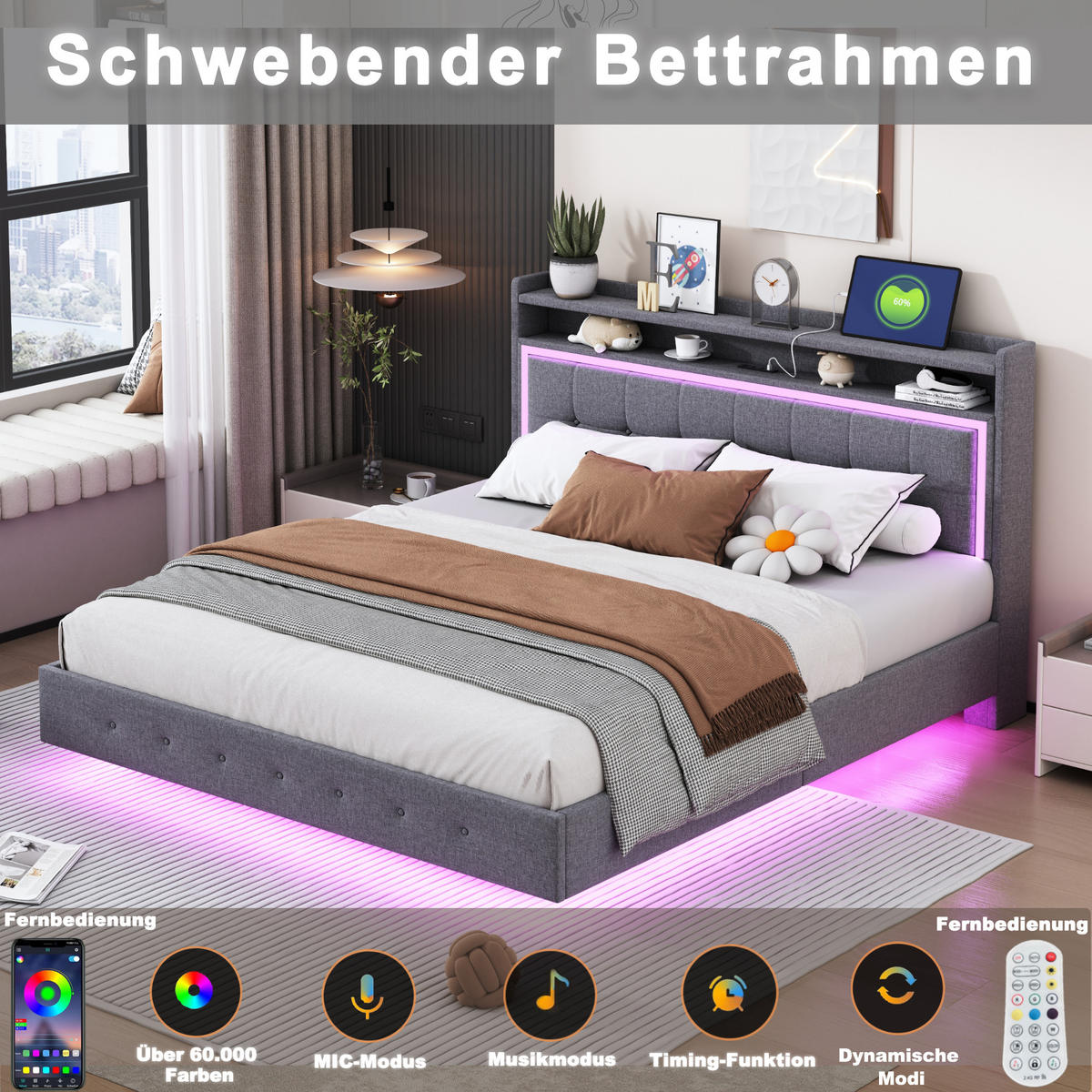 POLSTERBETT 160x200 cm Grau USB LED verstellbares Kopfteil - Grau, Holzwerkstoff - FLIEKS