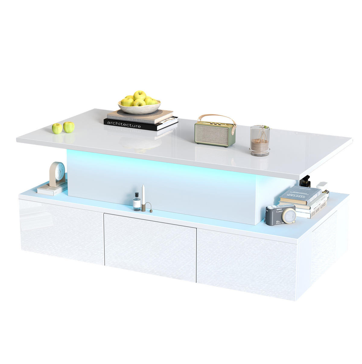 COUCHTISCH aus MDF 100x50x40 cm Weiß mit LED-Beleuchtung, Hubfunktion und 4 Schubladen - Weiß, Holzwerkstoff (100/50/40cm) - IVMEU