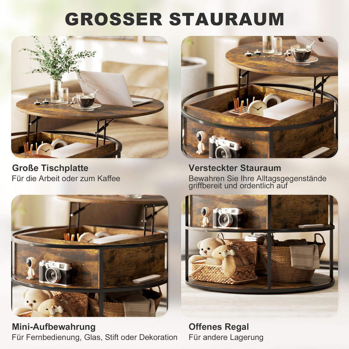 COUCHTISCH Höhenverstellbarer mit Ablagefläche, Braun - Braun, Metall (80/80/61.5cm) - HOMCOM