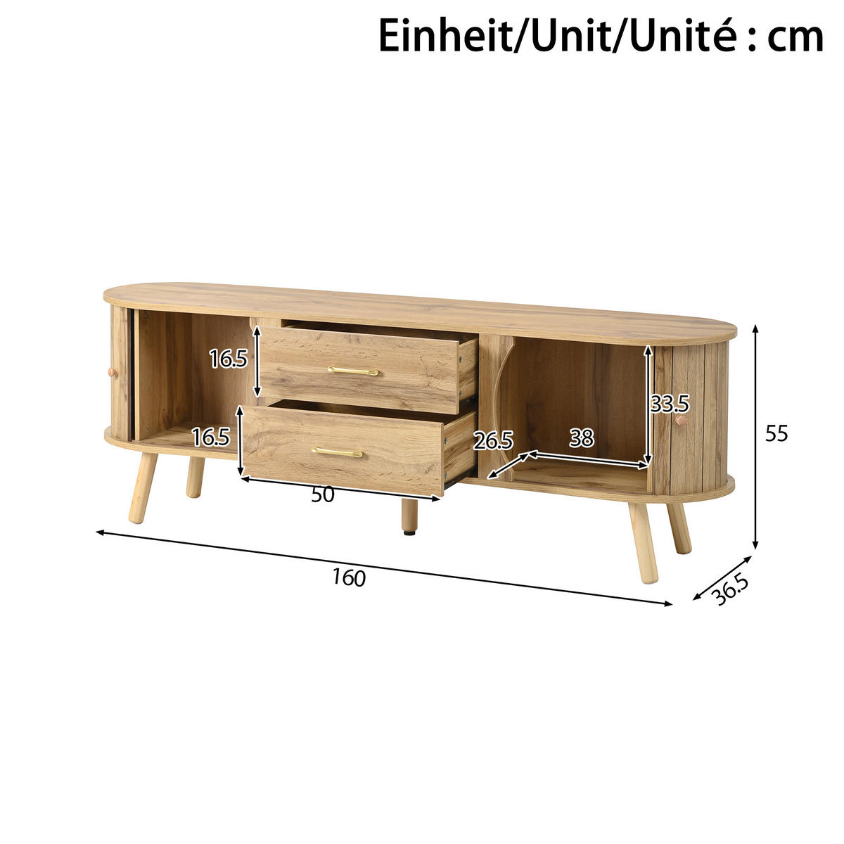 TV-LOWBOARD organisch Rillenoptik 2 Türen 2 Schubladen - Naturfarben, Holz (160/55/36.5cm) - Fortuna Lai