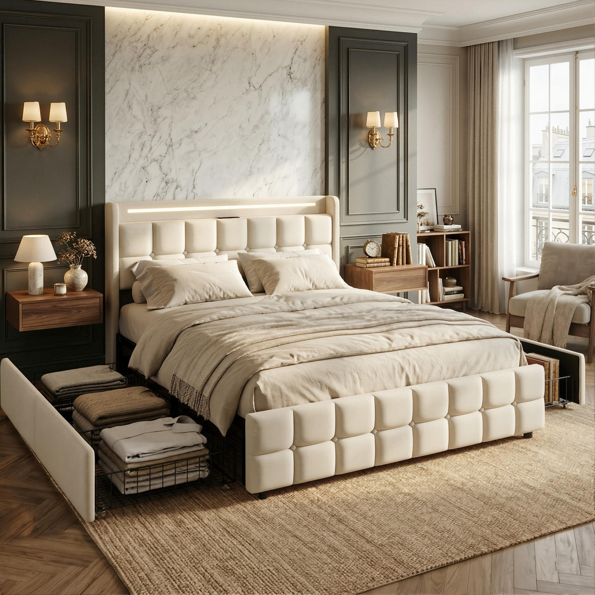 POLSTERBETT Geometrisch 160/200 cm mit 4 Schubladen & LED Leinenoptik Beige - Beige, Textil (160/200cm) - Creahappy