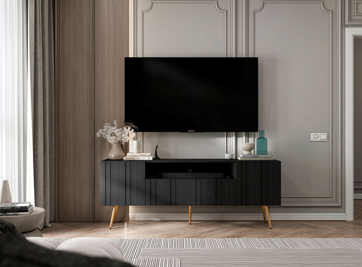 TV-SCHRANK Elpis2 Schwarz Matt mit goldenen Metallbeine Glamour 150 cm - Goldfarben/Schwarz, Holzwerkstoff/Metall (150/60.5/36.5cm) - Meble Lindner