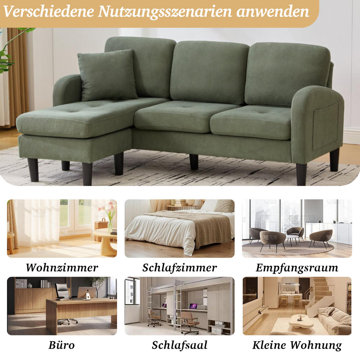 ECKSOFA 166/118/77 cm Grün aus Cord mit Chaiselongue - Grün, Textil (118/166cm) - OKMYHOME