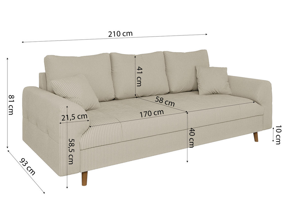 3-SITZER-SOFA Alma Beige Cord - Beige/Braun, Holz/Textil (210/81/93cm) - S-Style Möbel