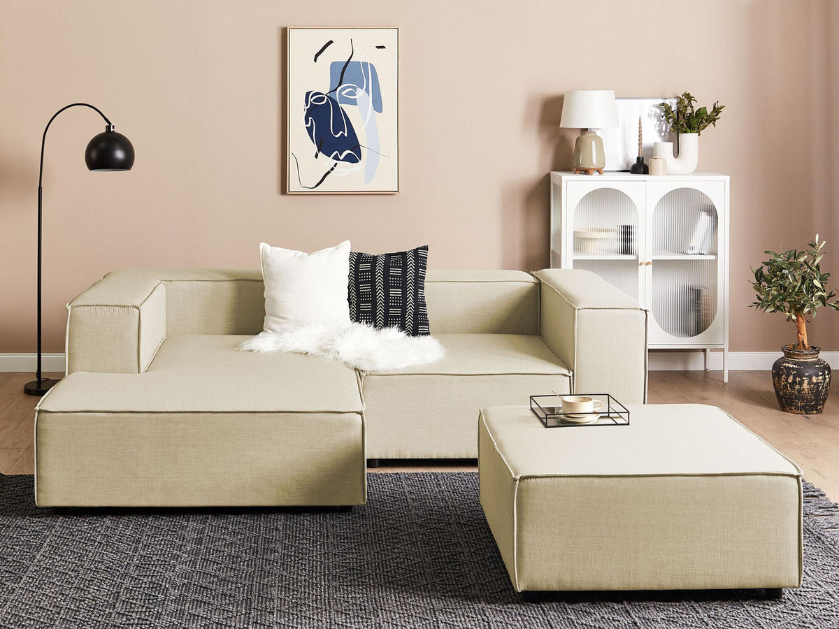 2-SITZER-ECKSOFA Leinen beige linksseitig mit Ottomane Aprica - Beige/Schwarz, Textil (238/180cm) - Beliani
