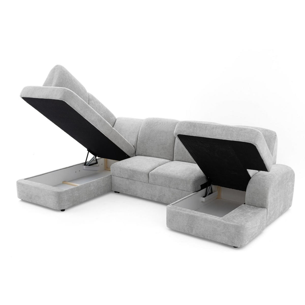 ECKSOFA VIBE U Links mit Schlaffunktion 129x263 Chenille Hellgrau - Hellgrau/Schwarz, Holz/Kunststoff (280/102/186cm) - Muffo