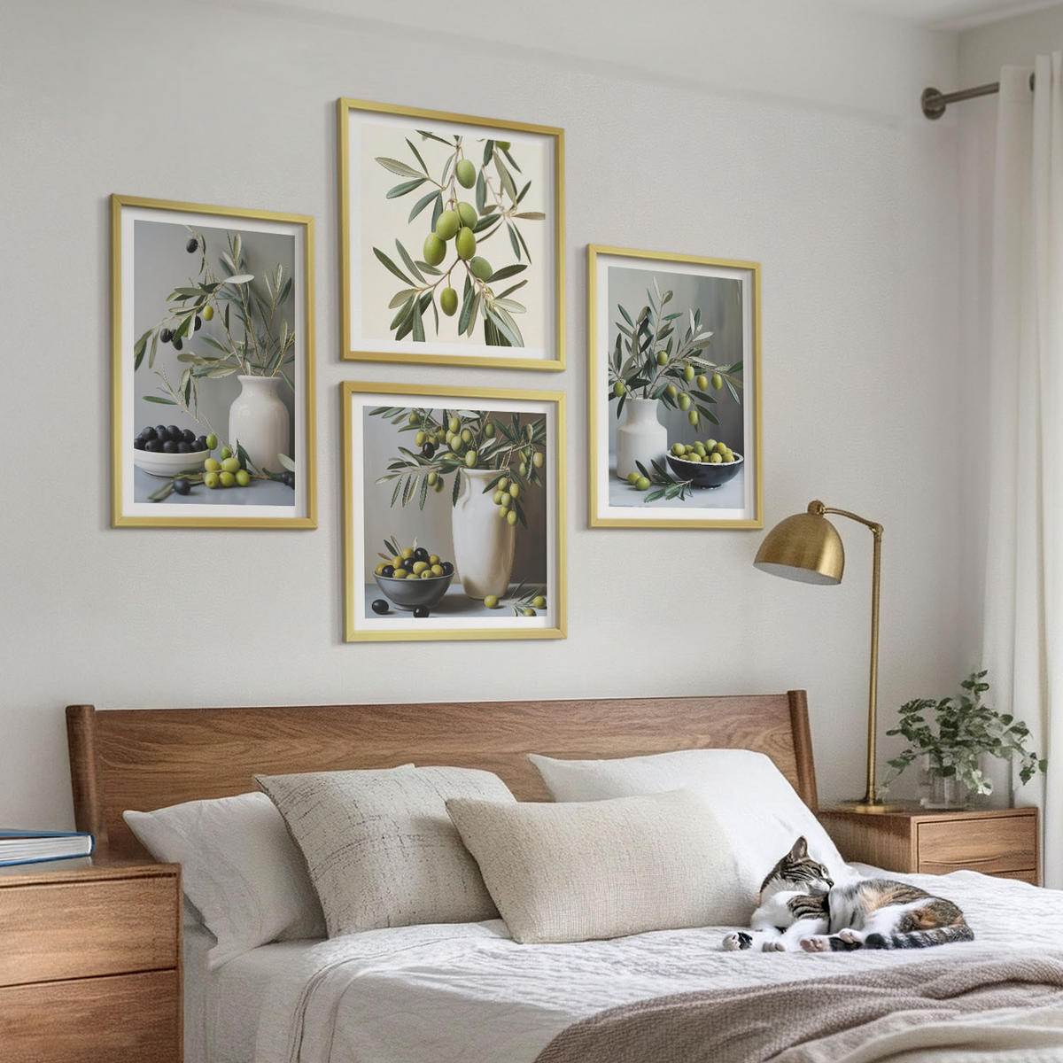 WANDBILDER 4er Set - 50x50 cm & 40x60 cm Goldrahmen - Oliven in grauen Vasen - Goldfarben, Kunststoff (50/50cm) - ArtPrintCave