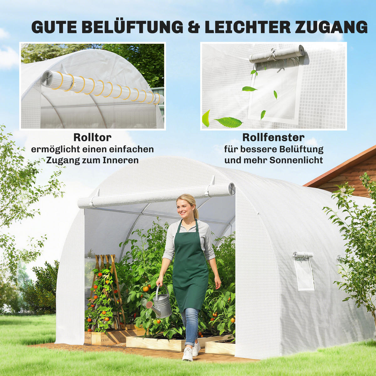 GEWÄCHSHAUSFOLIE DE-05797 mit Rolltür und 6 Fenstern 3 × 3 × 2 m Weiß - Weiß, Kunststoff (300/200/300cm) - ComfortXL