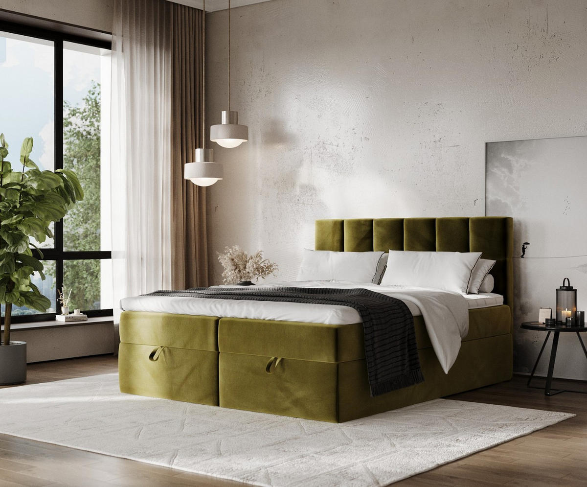 BOXBETT Savio 200/200 cm Olivgrün im Kronos Stoff - Schwarz/Olivgrün, Holz/Holzwerkstoff (200/200cm) - AltaBeds