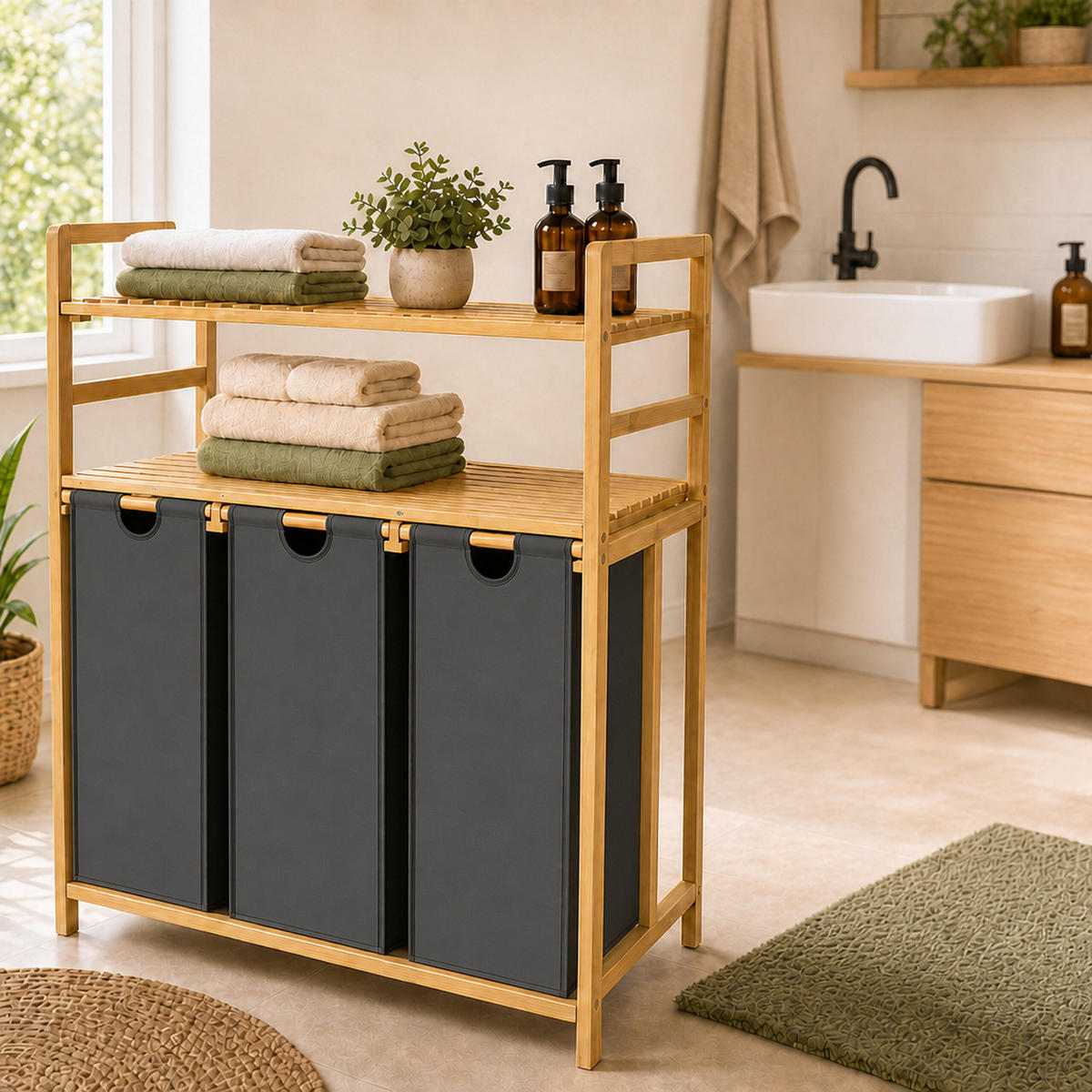 WÄSCHESAMMLER Natur Grau 3er-Set Bambus - Multicolor, Holz/Textil (78/100/41.5cm) - Relaxdays