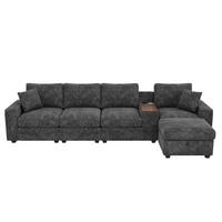 ECKSOFA 313/147/82 cm Grau mit Stauraum, USB-/Typ-C, Getränkehaltern und 360° drehbarem Couchtisch - Grau, Textil (313/147cm) - Oxeza