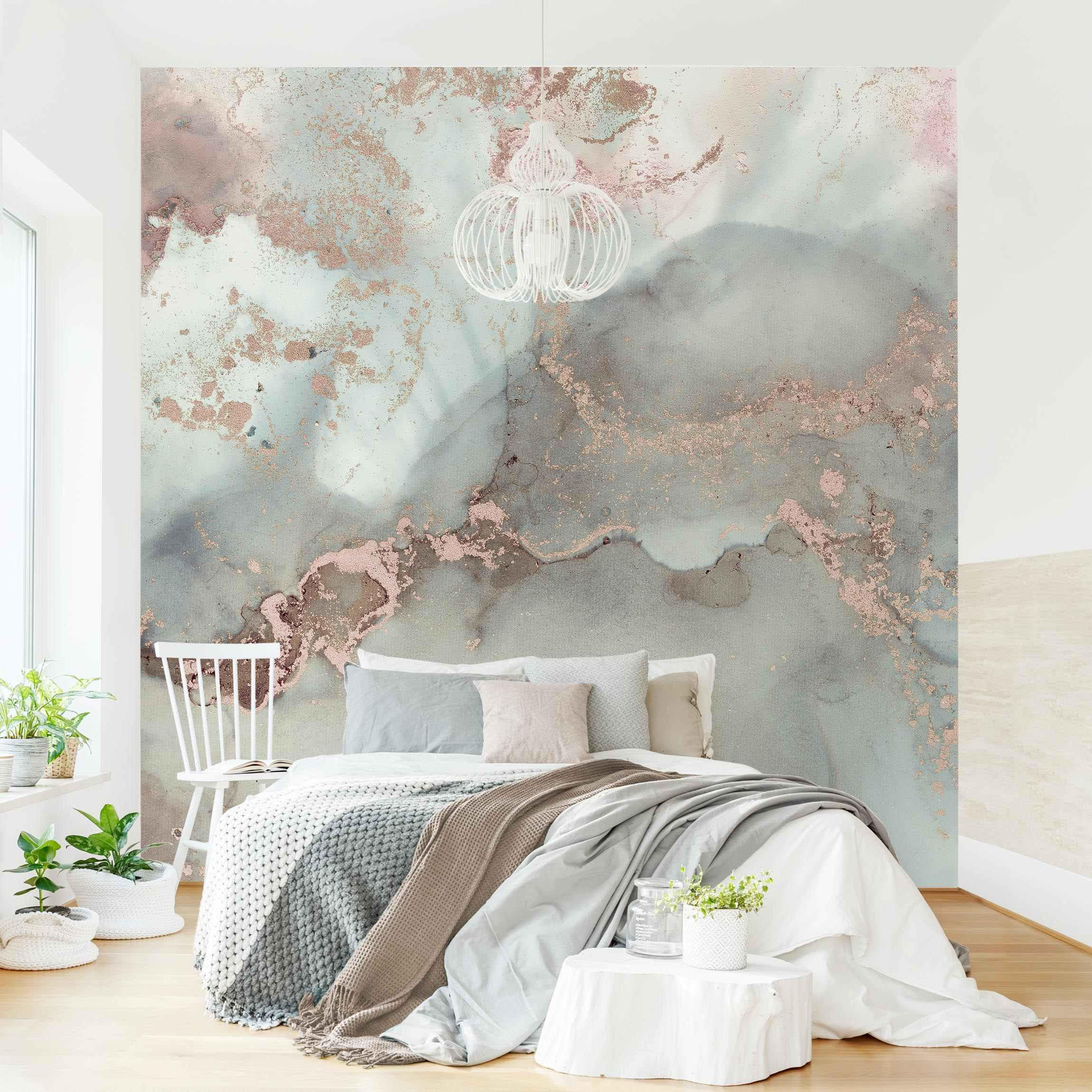 FOTOTAPETE Farbexperimente Marmor Pastell und Gold 240/240 cm - Pastellblau, Papier (240/240cm) - Bilderwelten