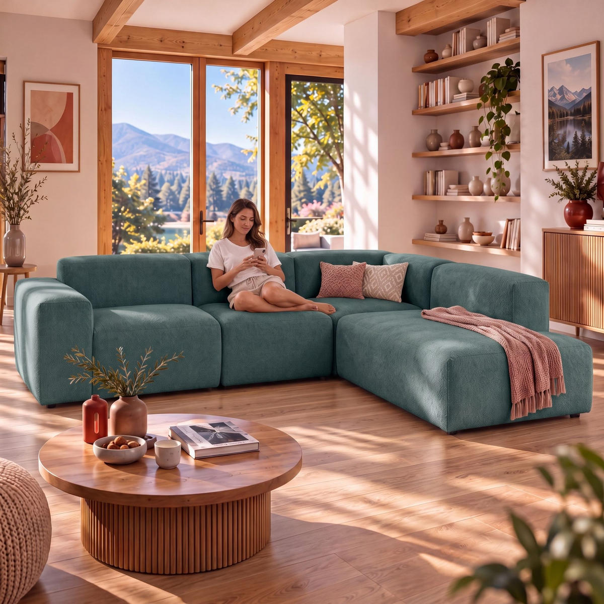 4-SITZER modulares Ecksofa HEAVEN SET 2 Rechts, Breite 300 cm Webstoff Dunkelgrün - Dunkelgrün/Schwarz, Holz/Kunststoff (245/300cm) - Muffo