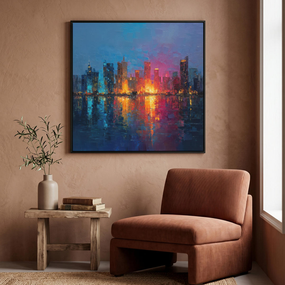 LEINWAND Bilder mit Rahmen - Skyline - Pinselstriche - Dunkelblau - Leuchtend - 90x90 - Blau, Textil (90/90cm) - MuchoWow