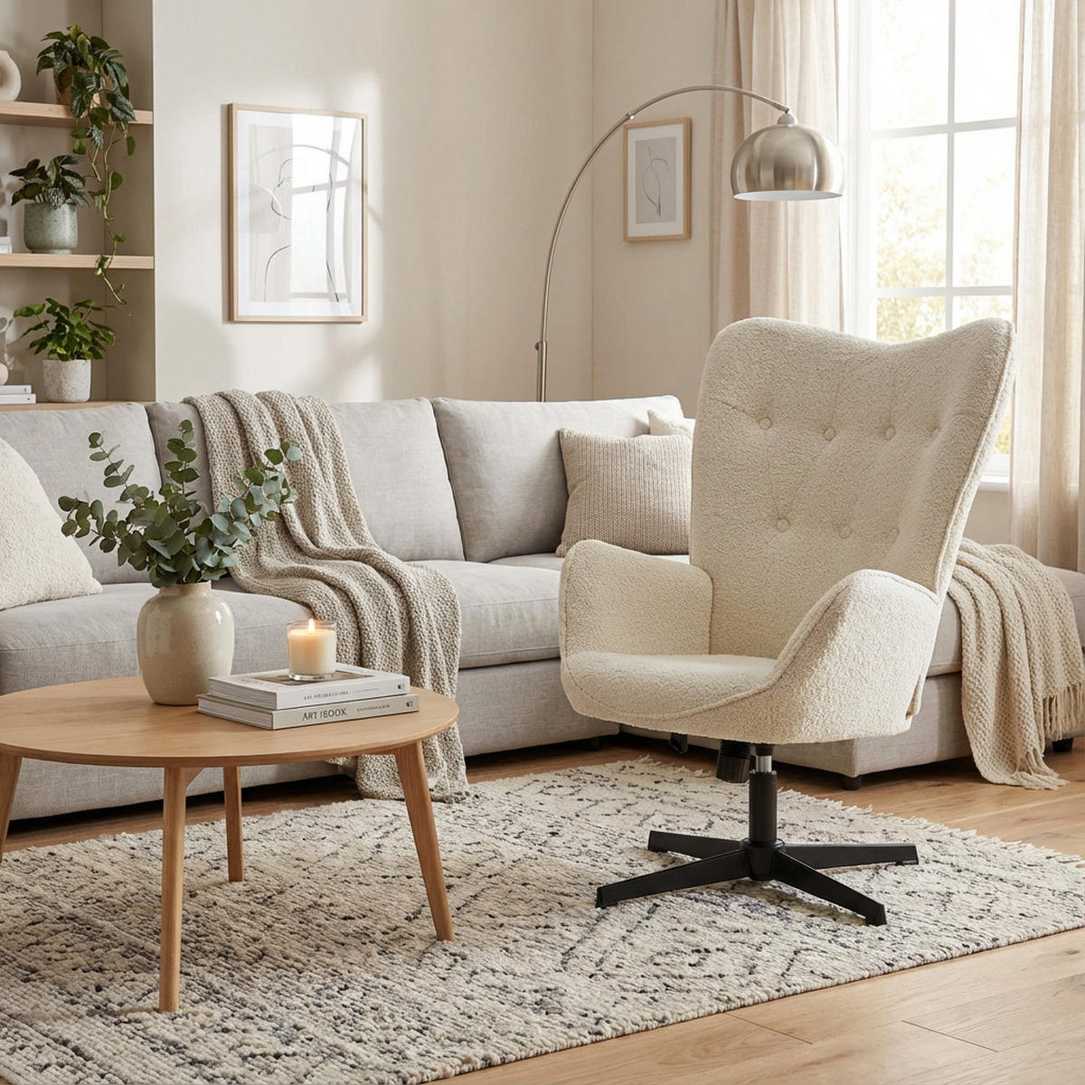 DREHSESSEL, 360° drehbar, mit Neigefunktion und Höhenverstellung, Chenillebezug, Beige - Beige, Metall (67/100/73.5cm) - Meubles Cosy