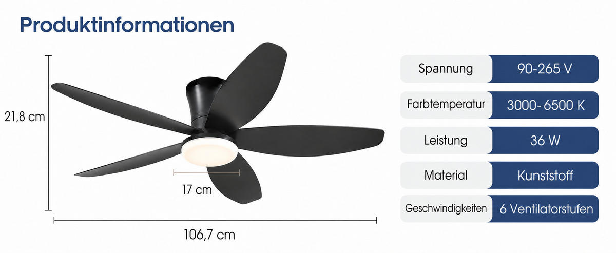 DECKENVENTILATOR Schwarz 106,7 cm mit LED und leisem DC-Motor - Schwarz, Kunststoff (106.7/106.7/21.8cm) - Surtime
