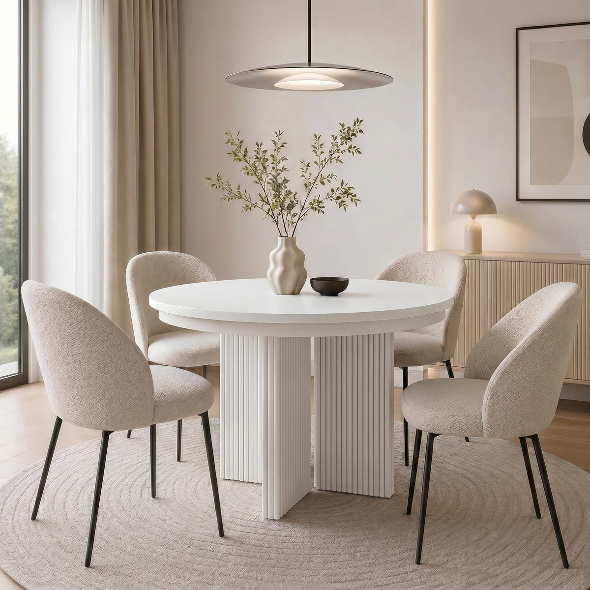 JÍDELNÍ STŮL Prestige, kulatý designový stůl, rozkládací Ø 100–180 cm, bílá + bílá - bílá, kov (100/100/77cm) - Beautysofa
