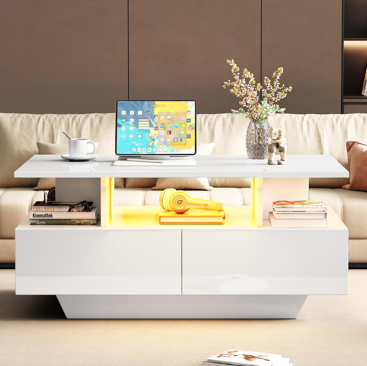 COUCHTISCH mit 2 Schubladen und LED 90x55x41 cm Hochglanz Weiß - Weiß, Holzwerkstoff (90/55/41cm) - Meubliv