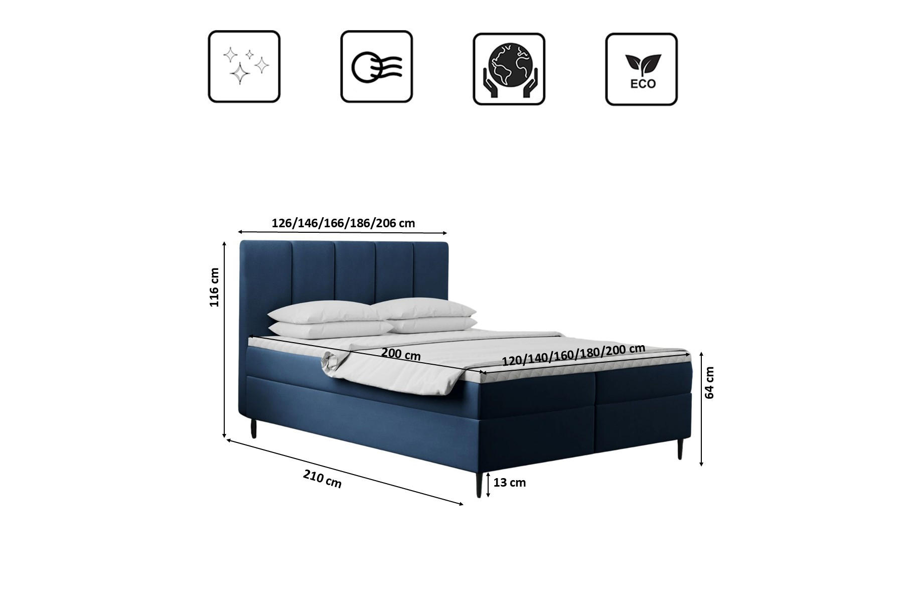 Thumbnail - Kaiser Möbel Boxbett, Blau, Textil, Balkeneiche, 2 Schubladen, H3, Höhe ca. 20 cm, einzeln stellbar, 180x200 cm, Reach, ...