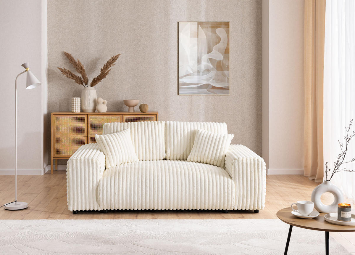 SITZGARNITUR 3+2+1 Mollis Hellbeige Plüschcord - Beige/Schwarz, Holz/Kunststoff (213/79/108cm) - S-Style Möbel