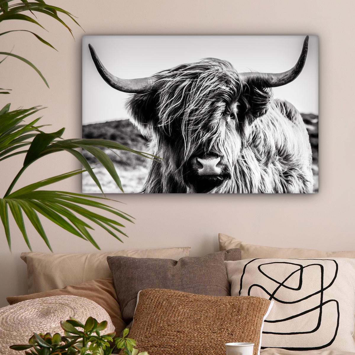 LEINWANDBILD Kuh - Schottischer Hochländer - Schwarz - Weiß - Tier - Natur - Wildtiere Wanddeko 90x60 cm - Schwarz, Textil (90/60cm) - MuchoWow