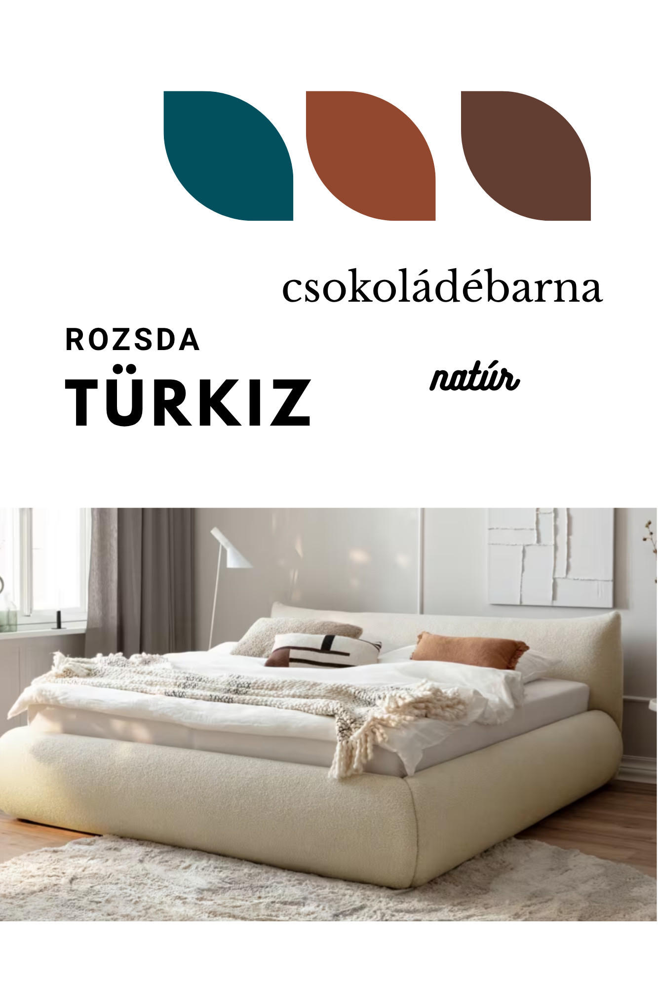 Világos hálószoba, kárpitozott ágy, rozsdabarna párnákkal. színárnyalatok, csokoládébarna, rozsda, türkiz.