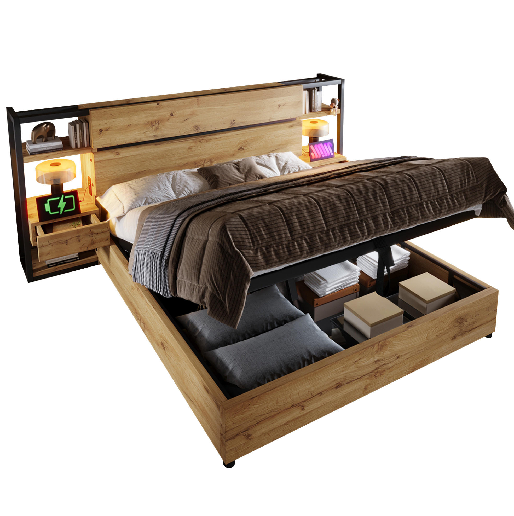 OKWISH MANŽELSKÁ postel 180/200 cm dubová z MDF a kovu s úložným prostorem a USB nabíjením