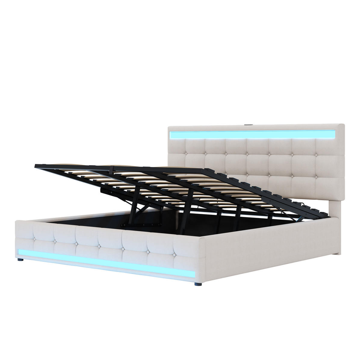 POLSTERBETT aus Leinenstoff 180x200 cm in Beige mit RGB-LED & 2 USB-Anschlüssen - Beige, Textil (180/200cm) - Modfu