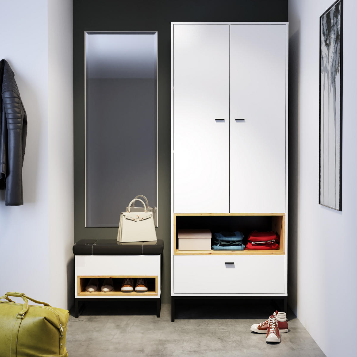 VITRINE OMAN mit 1 Tür, Weiß+eiche Artisan - Schwarz/Weiß, Holzwerkstoff/Metall (90/130/40cm) - Beautysofa