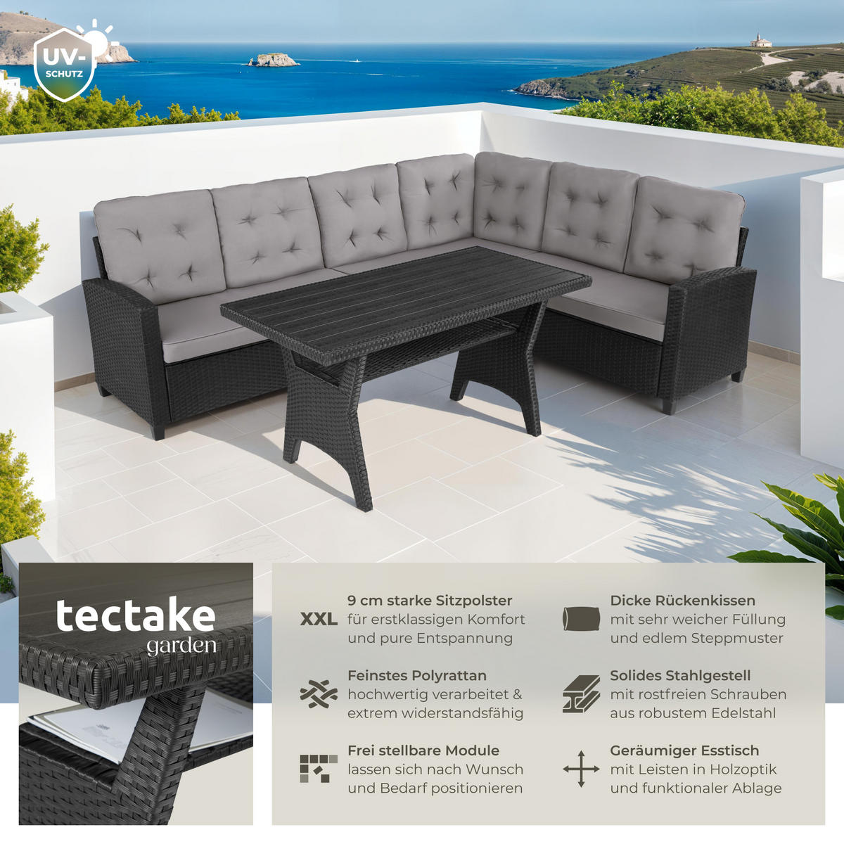 RATTANLOUNGE Catania,Tisch mit Schraubfüßen,schwarz - Schwarz, Kunststoff - tectake
