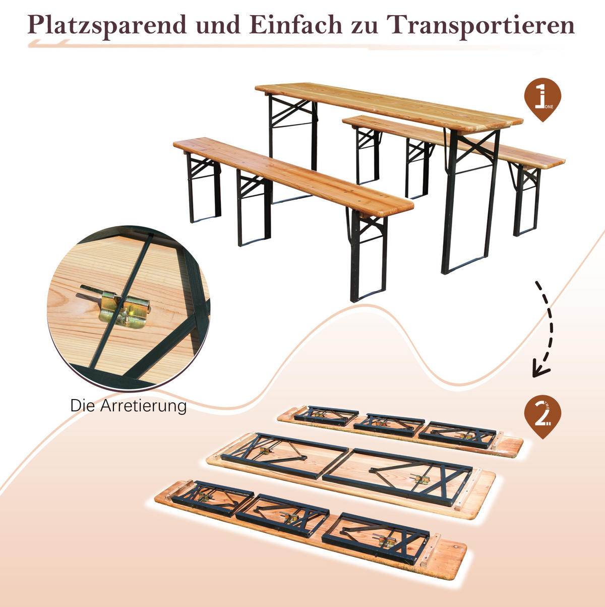 SKLÁDACÍ pivní set 177/46/78 cm přírodní z dřeva a kovu se stolem a 2 lavicemi - hnědá, kov - OKWISH