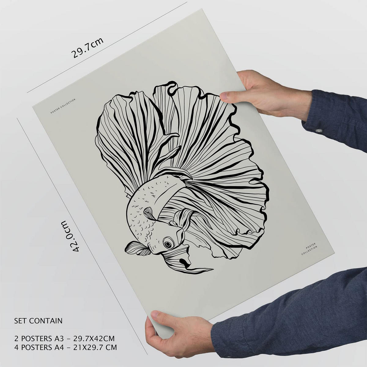 POSTER Set Mit 6 Schwarzer Tintenfisch Größe A3 & A4 Weißer Rahmen - Weiß, Papier (29.7/1cm) - Nacnic