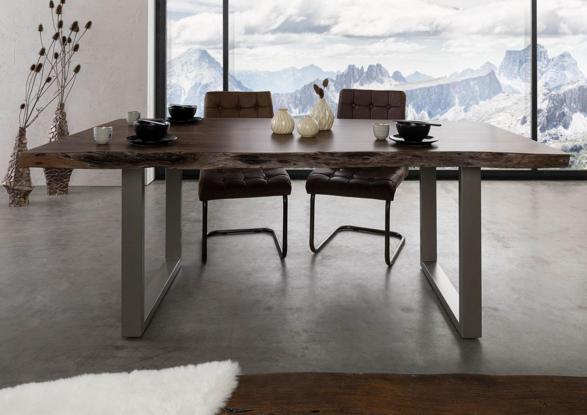BAUMTISCH Akazie 220x100x77 grau lackiert / U-Beine silber matt FREEFORM 5 - Silberfarben/Grau, Holz (220/100/77cm) - Massivmoebel24