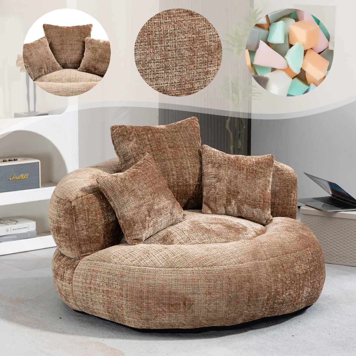 SITZSACK Sessel Chenille mit 3 Kissen bequem weich Schlafsofa Braun - Braun, Textil (108/52/108cm) - PARAFTA HOME