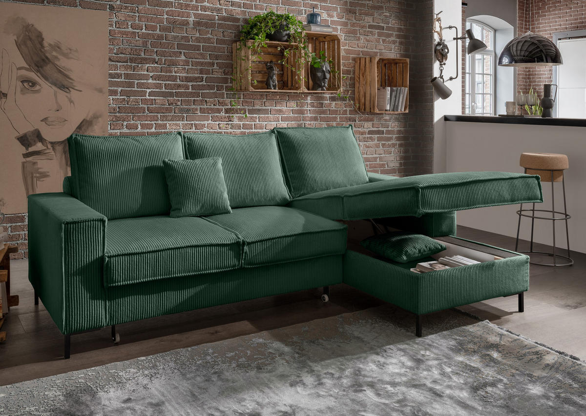 ECKSOFA mit Schlaffunktion, Bettkasten, Wellenunterfederung, Récamiere rechts B240/T150/H92 cm, Liegefl. 125x198 cm, Cord Grün / 17221 - Waldgrün/Schwarz, Textil/Metall (240/150cm) - luma-home
