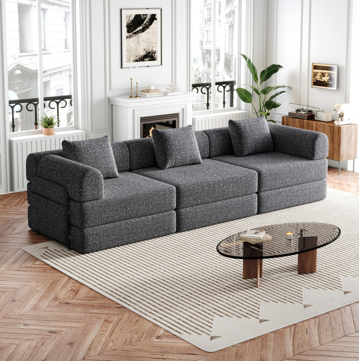 SCHLAFSOFA aus Chenille Grau 2-in-1 mit Armlehnen-Staufach und flexibler Modulgestaltung - Grau, Textil (183.8/69.8/274cm) - Modfu