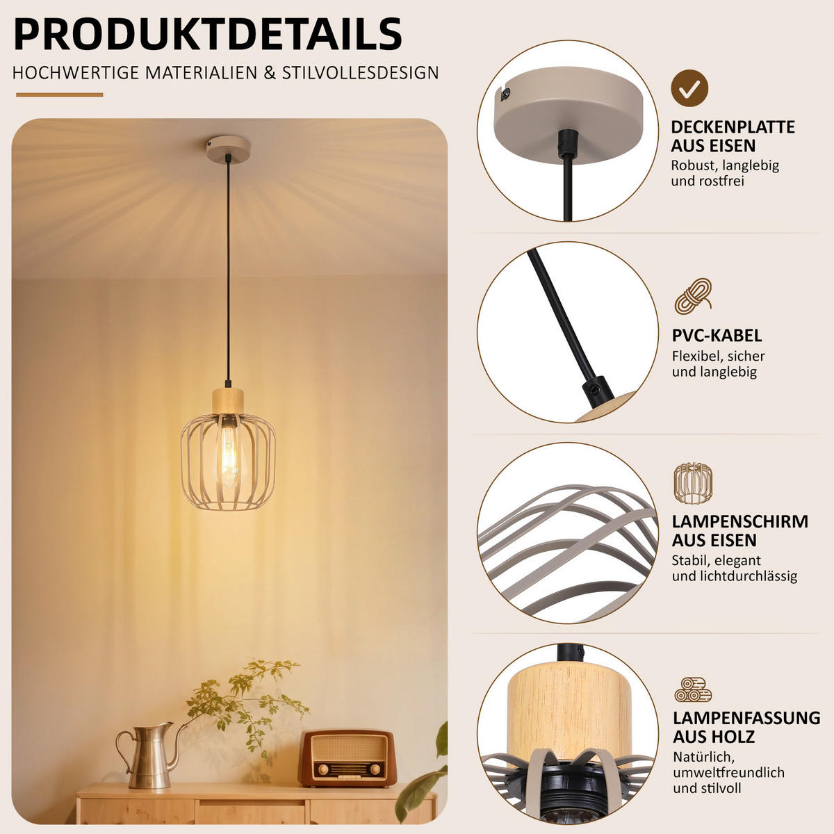 PENDELLEUCHTE Xylvin 18/10/145 cm - Grau, Holz/Metall (18/10/145cm) - ZMH