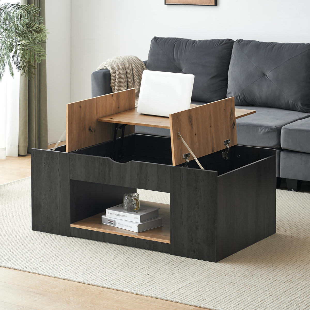 COUCHTISCH aus MDF 109,5x59,7x43 cm Grau/Braun mit Liftfunktion und Stauraum - Grau, Holzwerkstoff (109.5/59.7/57.4cm) - IVMEU