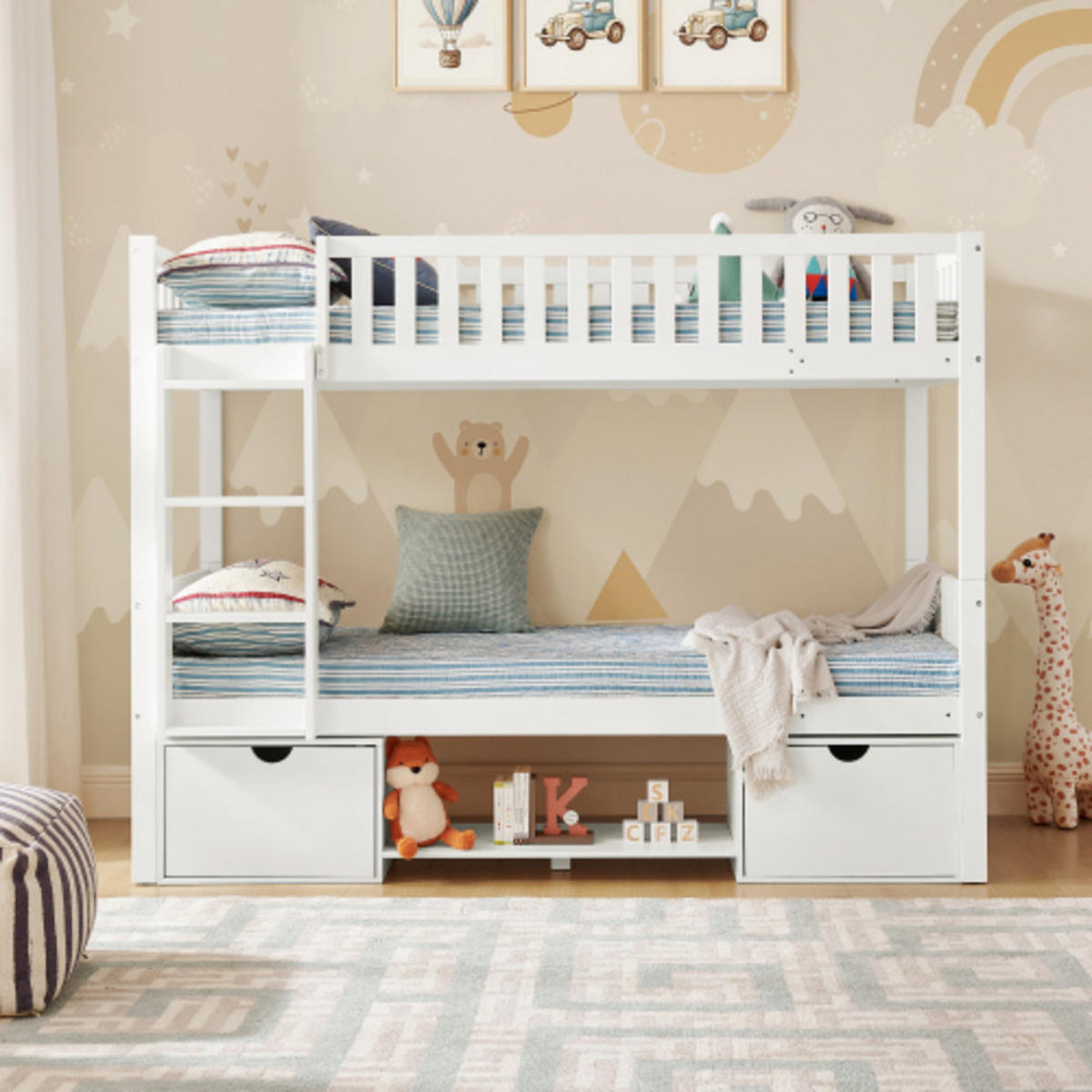 ETAGENBETT 2-in-1 90×200 cm aus Massivkieferholz mit Schubladen & Sicherheitsgeländer, weiß - Weiß, Textil - Luhomfu