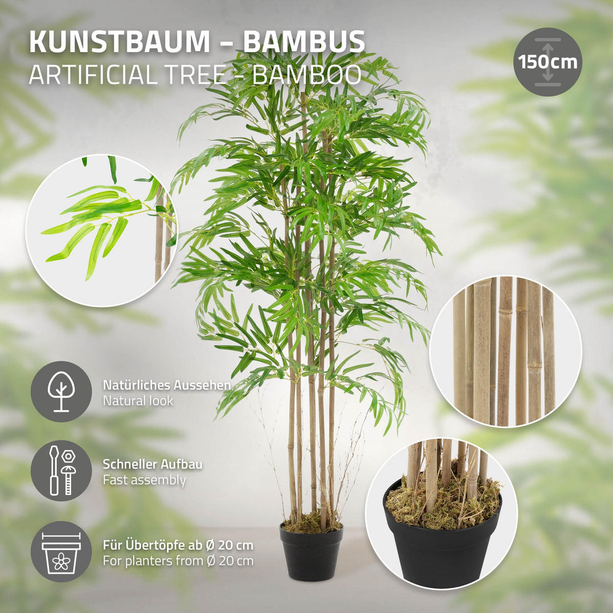 KUNSTPFLANZE Bambus - Anthrazit/Grün, Holz/Kunststoff (150cm) - ML-DESIGN