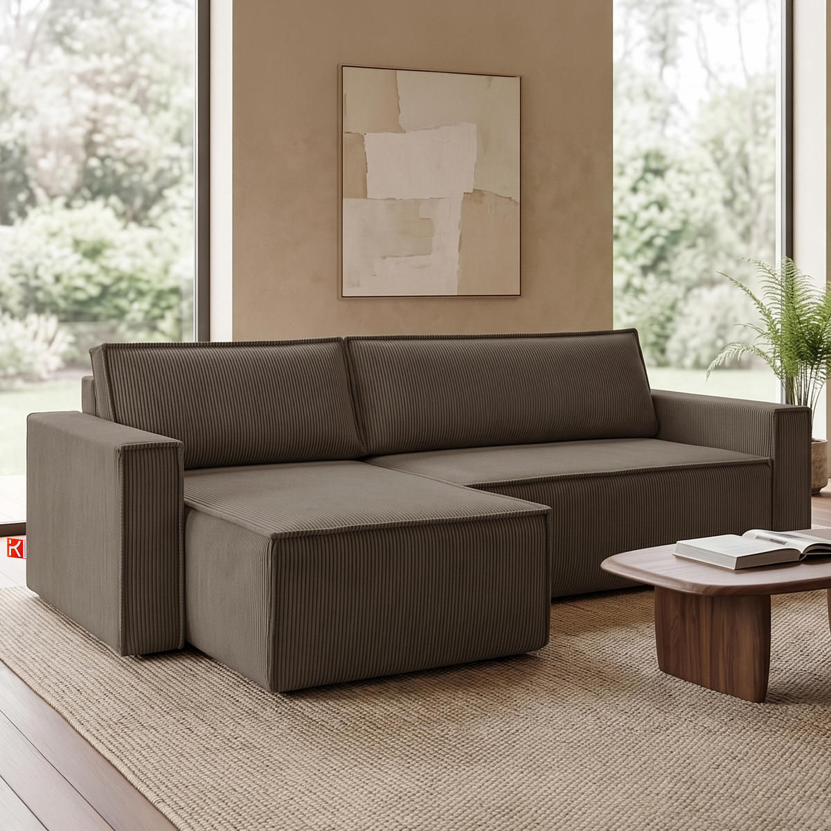 ECKSOFA-LINKS/RECHTS NAPI Schlaffunktion mit Cordbezug, braun - Schwarz/Braun, Textil (246/148cm) - KONSIMO®