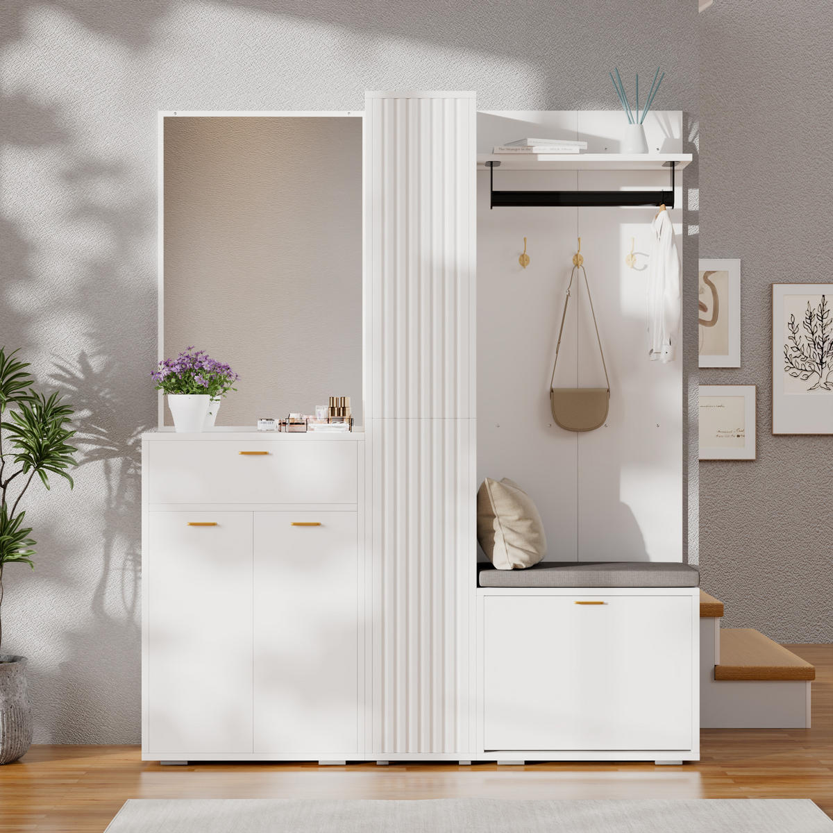 GARDEROBE Weiß Spiegel Bank 3 Türen Schuhregal 150x36x180cm - Weiß, Holzwerkstoff (150/180/36cm) - FLIEKS