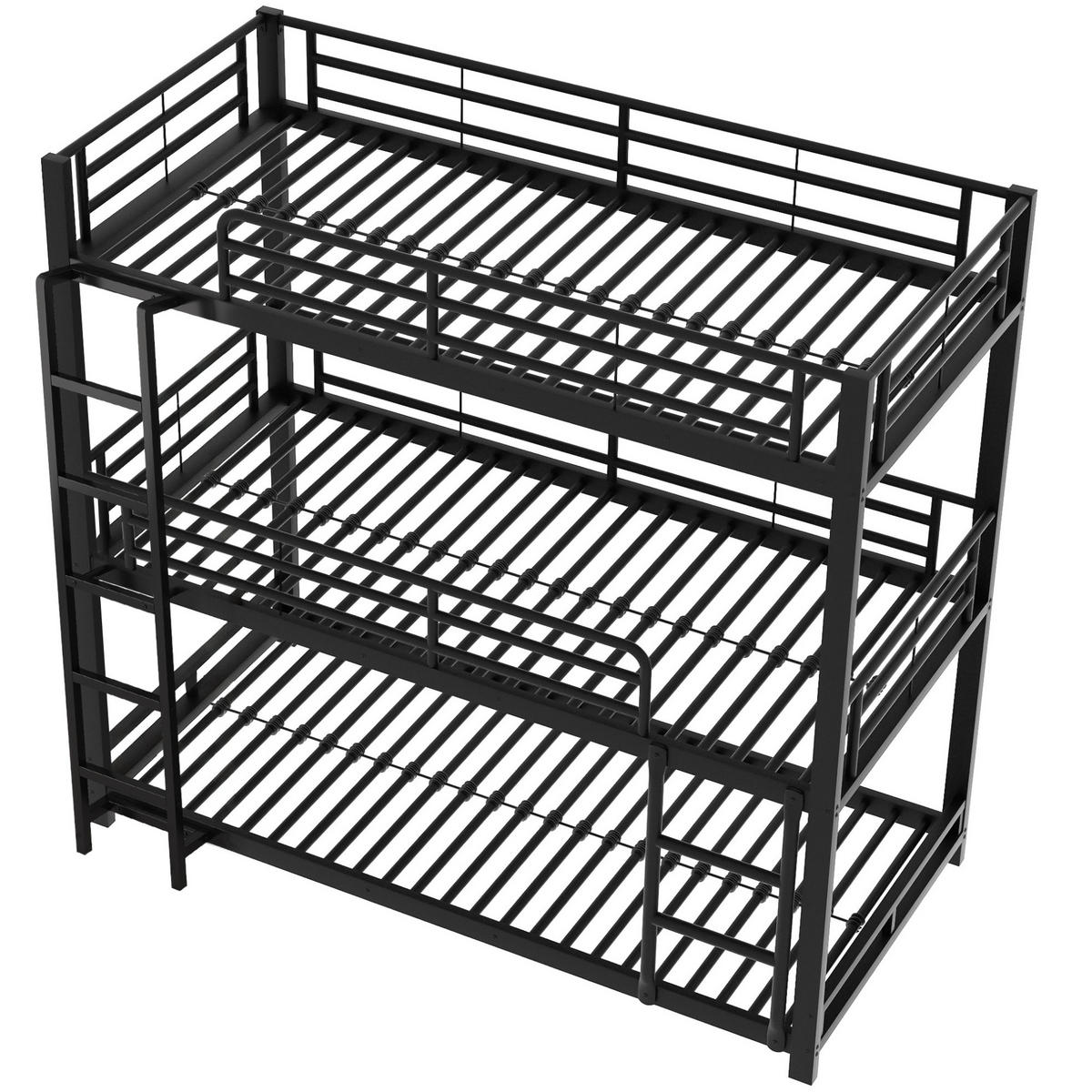 ETAGENBETT Dreifach 90/200 cm Schwarz Metallbett mit Geländern - Schwarz, Metall (90/200cm) - OKWISH