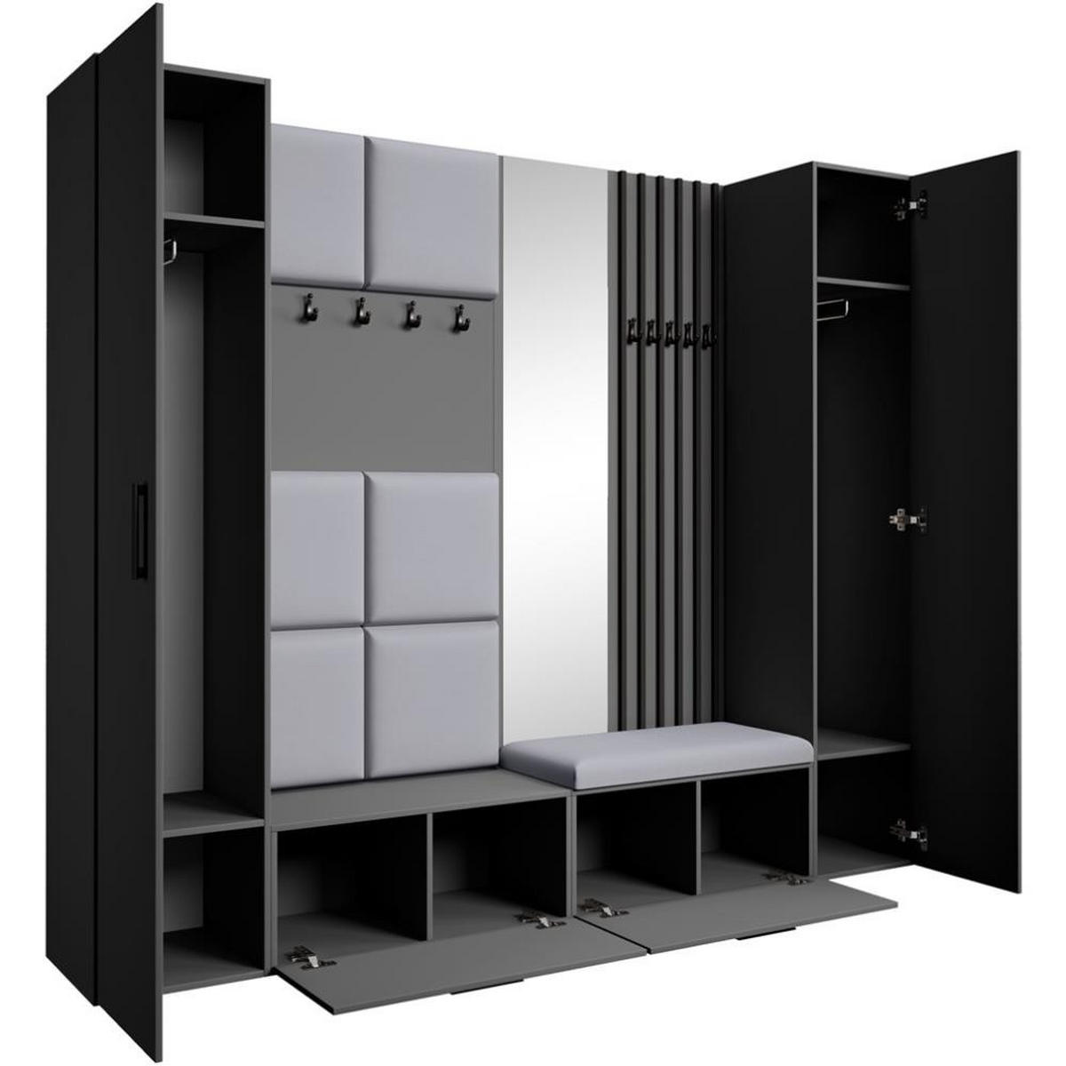GARDEROBE Margaret XL 242/203/43 mit gepolsterten Paneelen/Lamellen/Spiegel - Schwarz/Graphitfarben, Holzwerkstoff/Kunststoff (242/203/43cm) - Beautysofa