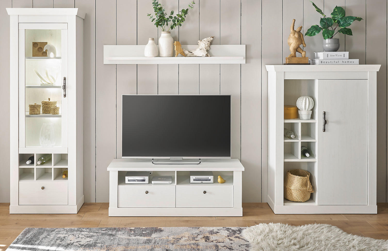 WOHNWAND weiß Pinie Landhaus, Wohnkombination 4-teilig, Soft-Close-Funktion - Weiß, Holzwerkstoff/Kunststoff (334/201/45cm) - Furn.Design
