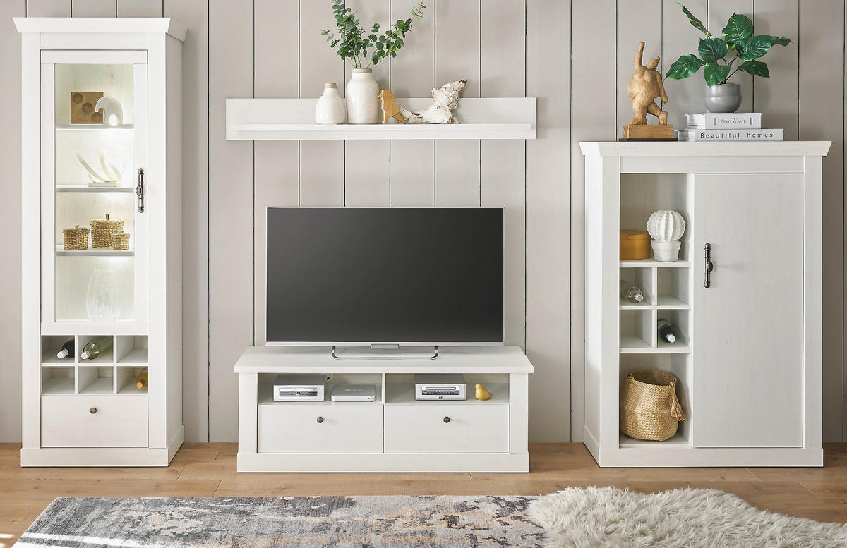 WOHNWAND weiß Pinie Landhaus, Set 4-teilig mit Soft-Close und Beleuchtung - Weiß, Holzwerkstoff/Kunststoff (334/201/45cm) - Furn.Design